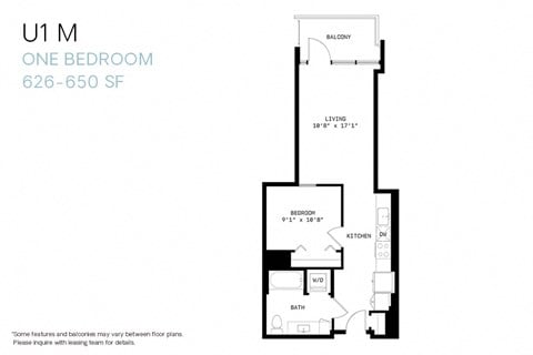 Floor plan for 1 bed, 1 bath, 626 sqft